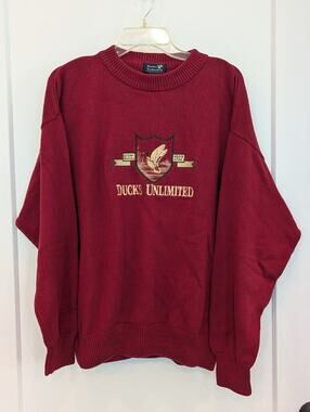 Vtg Ducks Unlimited Mens L Red Sweater Logo Embroidery Hunting Casual Preppy